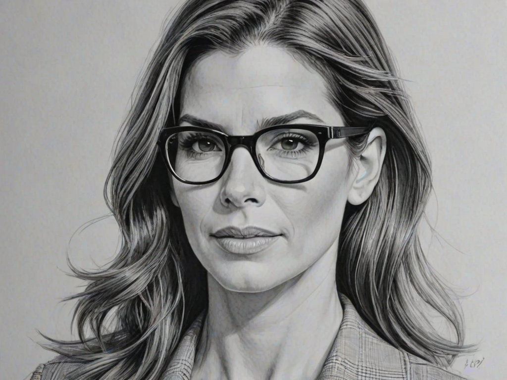 Comely Sandra Bullock, pencil sketch, portrait of Enchanting woman 1943s in glasses, hair style beatnik, outline, clear lines, fine lines, 8k