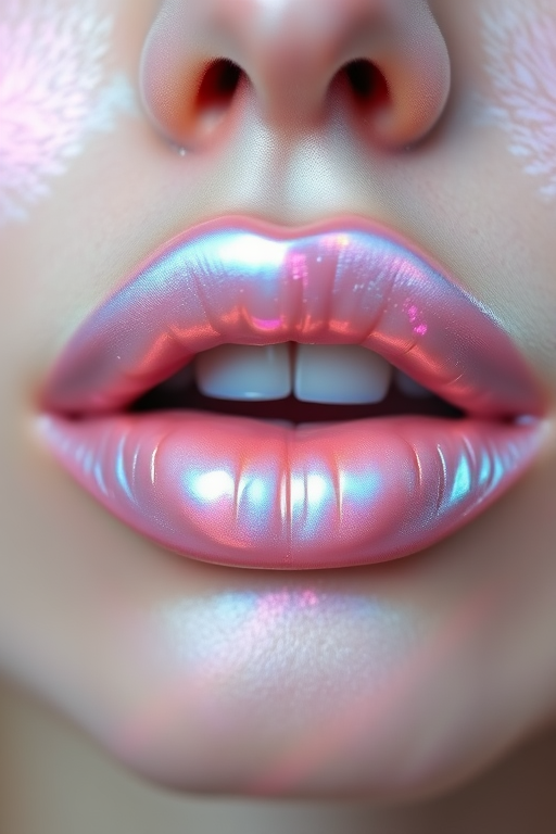Ethereal iridescent lips shimmer with pearlescent hues, transforming from pale pink to soft blue depending on the angle of view
