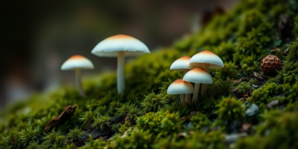 Close-up shot of white mushrooms growing on mossy wood, using a DSLR camera with a 50mm lens, aperture f/2.8, ISO 100, natural light, shallow depth of field.