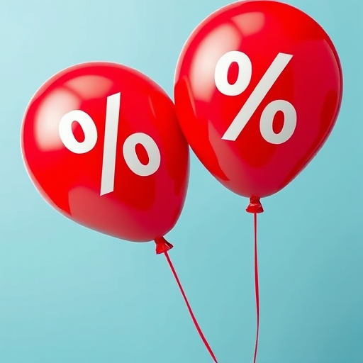 create a vibrant illustration of two red balloons with white percent signs on them, set against a soft blue gradient background, using a Canon EOS R, 50mm lens, f/1.8 aperture, ISO 100, natural lighting to enhance the glossy texture and colors of the balloons