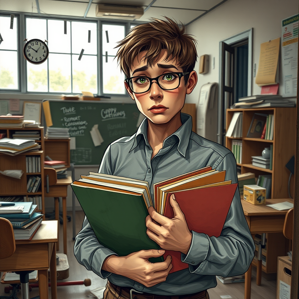 realistic short haired teacher wearing glasses holding some folders standing outside a chaotic classroom exhausted and broken