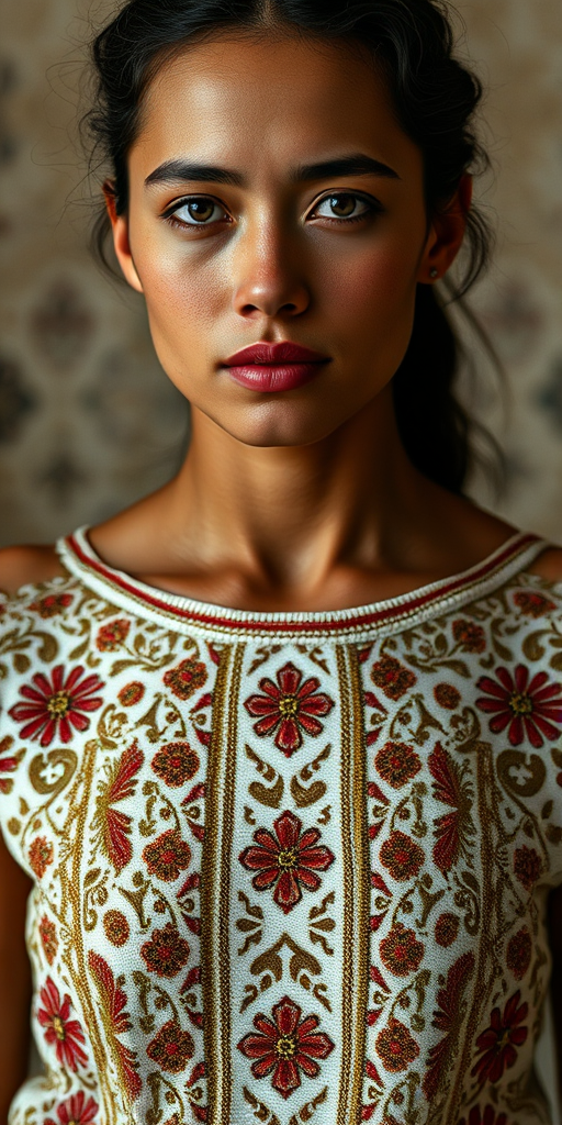 Face, shoulders, chest covered in openwork Druze embroidery. Raw, unedited image.