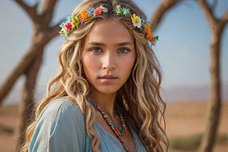 Create an image of a young Sahrawi woman with long, wavy blonde hair, adorned with small, colorful flowers woven into her braids and loose strands. Her complexion is fair, with soft, glowing skin, and she has light blue eyes that gaze softly at the viewer. She wears a light, flowing dress with a gentle, ethereal quality, complementing her delicate and serene appearance. The background is slightly blurred, drawing focus to her tranquil expression and the intricate details of the flowers in her hair. The overall mood of the image is one of natural beauty and grace, evoking a sense of peacefulness and connection with nature.