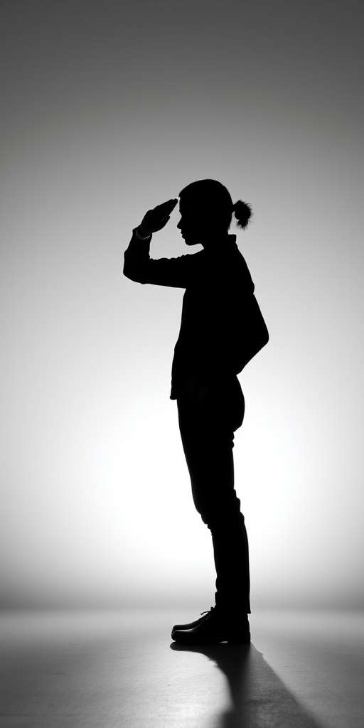 Create a minimalist silhouette of a person saluting, with soft lighting, high resolution, aperture f/2.8, shutter speed 1/60 sec, 50mm lens, portrait orientation, against a simple background to enhance contrast and clarity.