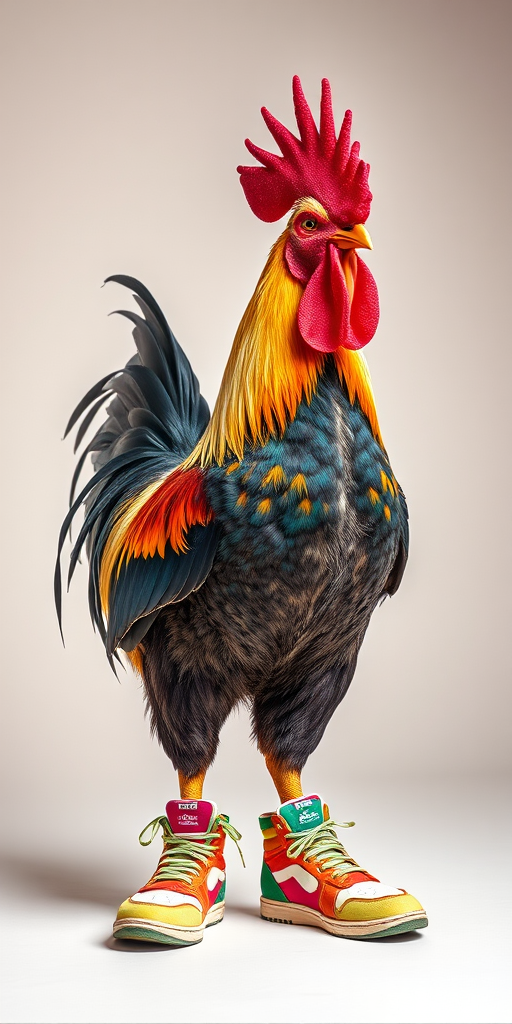 Create an image of a stylized rooster wearing colorful sneakers, shot with a Canon EOS R5 at f/2.8, ISO 100, 1/125 sec, in a studio setting with soft lighting and a neutral background for enhanced detail and depth.