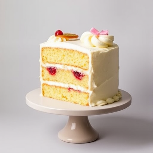 A beautifully layered cake with a light yellow sponge visible in the center, filled with raspberry jam and frosted with creamy white icing, adorned with pink and red decorative elements on top, placed on a simple round cake stand against a neutral background.