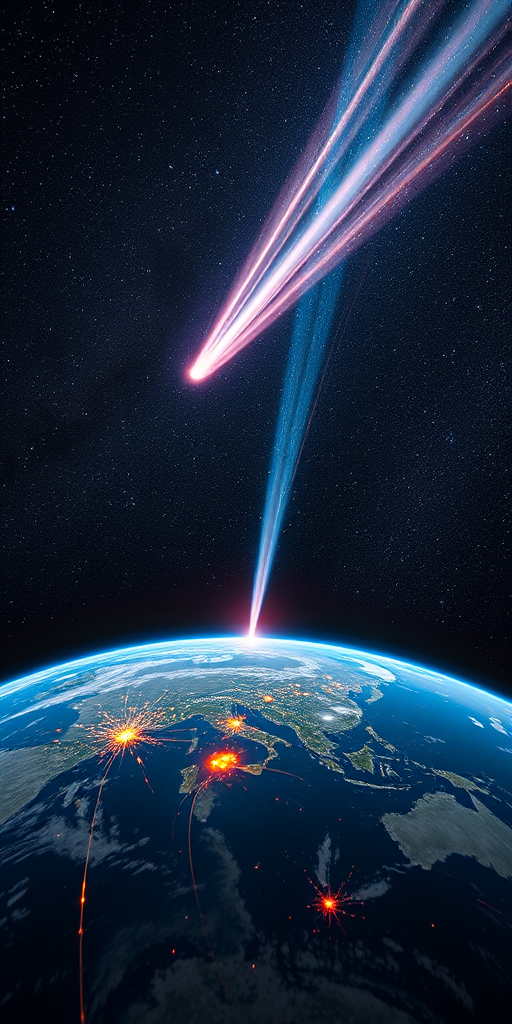 Create a high-resolution image of a comet impact on Earth, showcasing dynamic light trails and cosmic elements, captured with a Canon EOS R5 at ISO 100, f/8, 1/100s, in a wide-angle view using a astrophotography lens for vibrant colors and sharp detail.