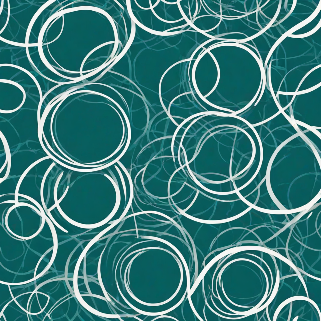 create a background design featuring various overlapping circles and geometric shapes in shades of teal and white, utilizing line art and striped patterns.