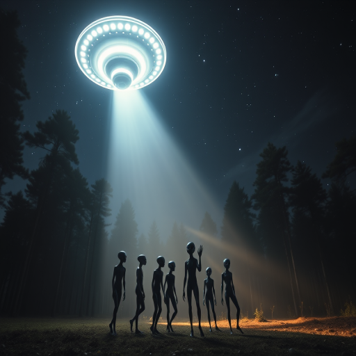 A brightly lit UFO hovering above a group of slender aliens in a forest at night, with beams of light illuminating the ground, high dynamic range photography, ISO 100, f/8, 30 seconds exposure, wide-angle lens, DSLR camera, starry sky background.