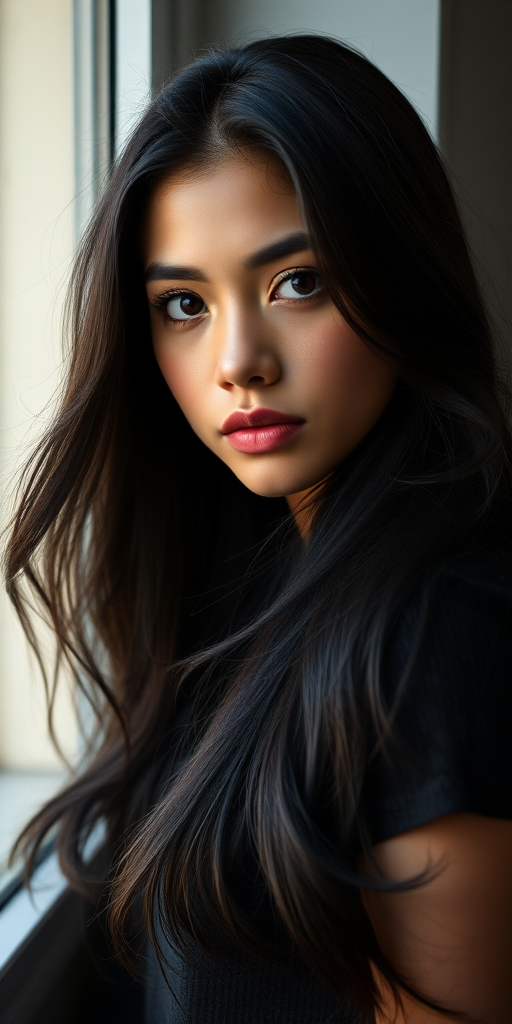 Portrait of a young woman with flowing black hair leaning against a wall, soft natural light illuminating her face from a nearby window, high contrast, aperture f/1.8, ISO 100, shutter speed 1/200s, shot in a close-up style with a Canon EOS R5.