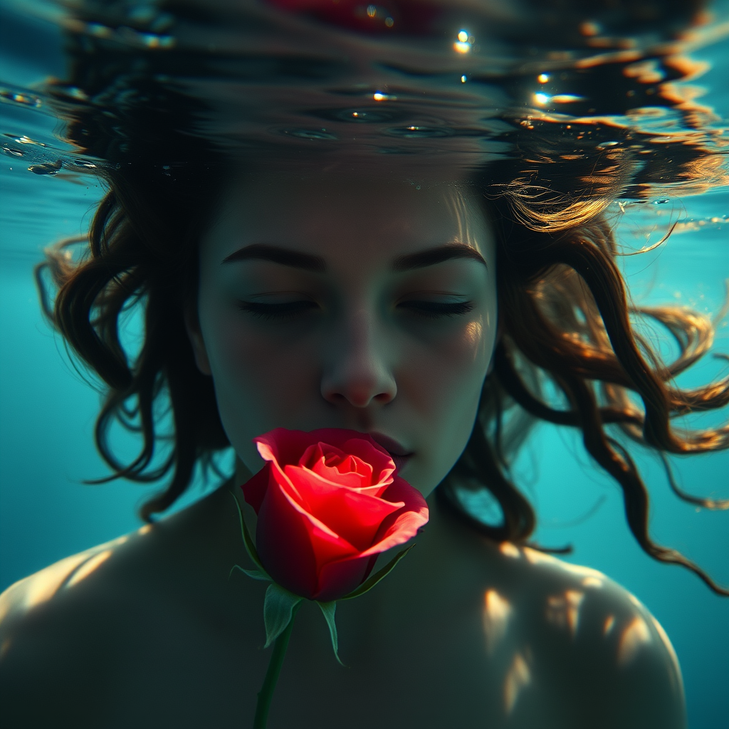 A woman underwater, gazing at a rose Her face is reflected in the water's surface The scene is illuminated by sunlight filtering through the water The atmosphere is serene and contemplative
