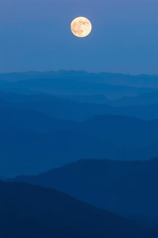 Create a serene landscape featuring layered blue mountains under a full moon with a calm horizon, shot with a Canon EOS 5D Mark IV at f/8, ISO 100, 50mm lens, in soft focus with a panoramic view for enhanced depth.