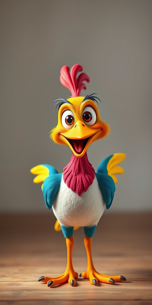 Create a vibrant, cheerful cartoon bird character with exaggerated features, standing in a playful pose, using a 50mm lens at f/2.8 for a shallow depth of field, with bright, saturated colors and high contrast, shot in a studio setting with soft lighting, using a DSLR camera.