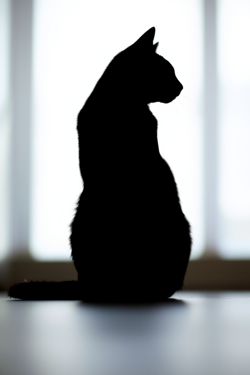 Create an image of a minimalistic black silhouette of a cat sitting gracefully with its tail curled, captured from a low angle using a DSLR camera at f/2.8 aperture, ISO 100, and a 50mm lens for a shallow depth of field and a well-lit background.