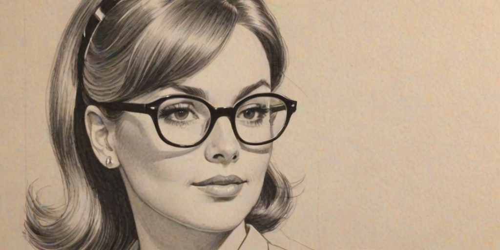 Comely Den'e Benton, pencil sketch, portrait of Graceful woman 1965s in glasses, hair style beatnik, outline, clear lines, fine lines, 8k