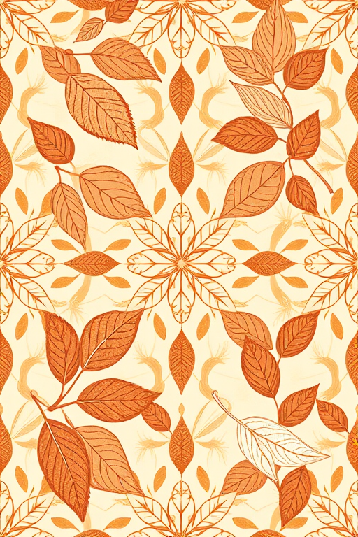 Create a detailed, seamless pattern featuring intricate leaves and abstract shapes in warm earth tones, with a focus on symmetry and balance, captured with a DSLR camera, 50mm lens, f/8 aperture, ISO 200, shot in natural light for enhanced texture and depth.