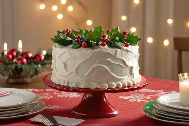 Create an image of a festive cake decorated with white frosting. The cake should have red holly berries and green leaves made from icing, placed evenly around the sides. It should be displayed on a vibrant red cake stand, with a cozy holiday-themed tablecloth in the background. Add some small holiday ornaments around the base for a seasonal touch.