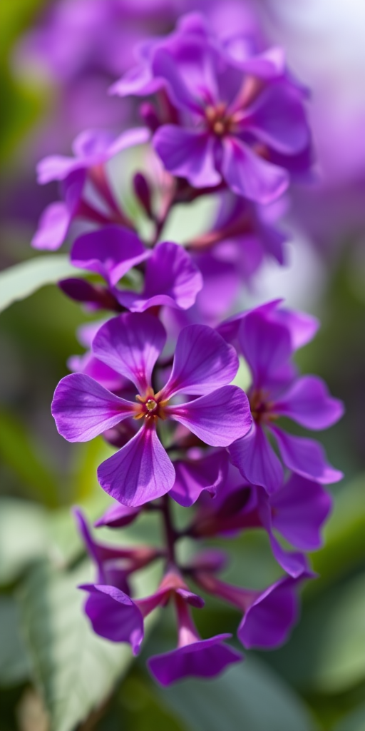 a close-up of vibrant purple flowers with green leaves in the background, soft bokeh effect, shallow depth of field, shot with a Canon EOS 5D Mark IV, 50mm lens at f/1.8, ISO 100, natural lighting