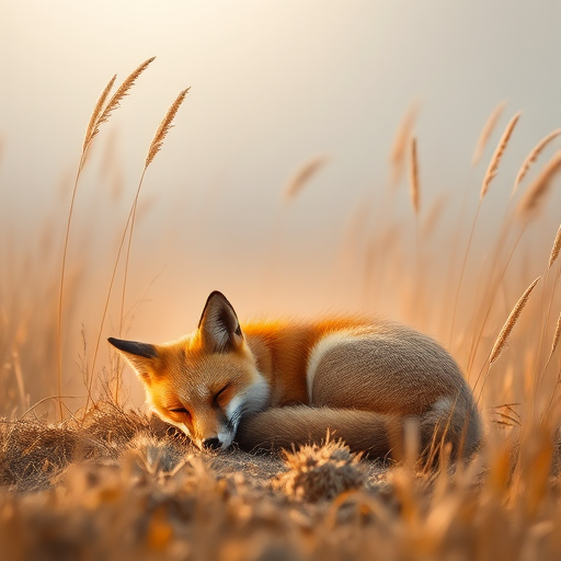 Create a serene landscape featuring a sleeping fox curled up among tall golden grasses and soft fog, captured with a DSLR camera at f/2.8, ISO 200, 50mm lens, and a shallow depth of field for a dreamy effect in natural light.