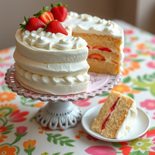 Create an image of a fluffy white cake layered with whipped cream and fresh strawberries on top, served on a decorative cake stand, with a slice of the cake on a plate beside it, showcasing the strawberries inside the cake, set on a colorful patterned tablecloth.