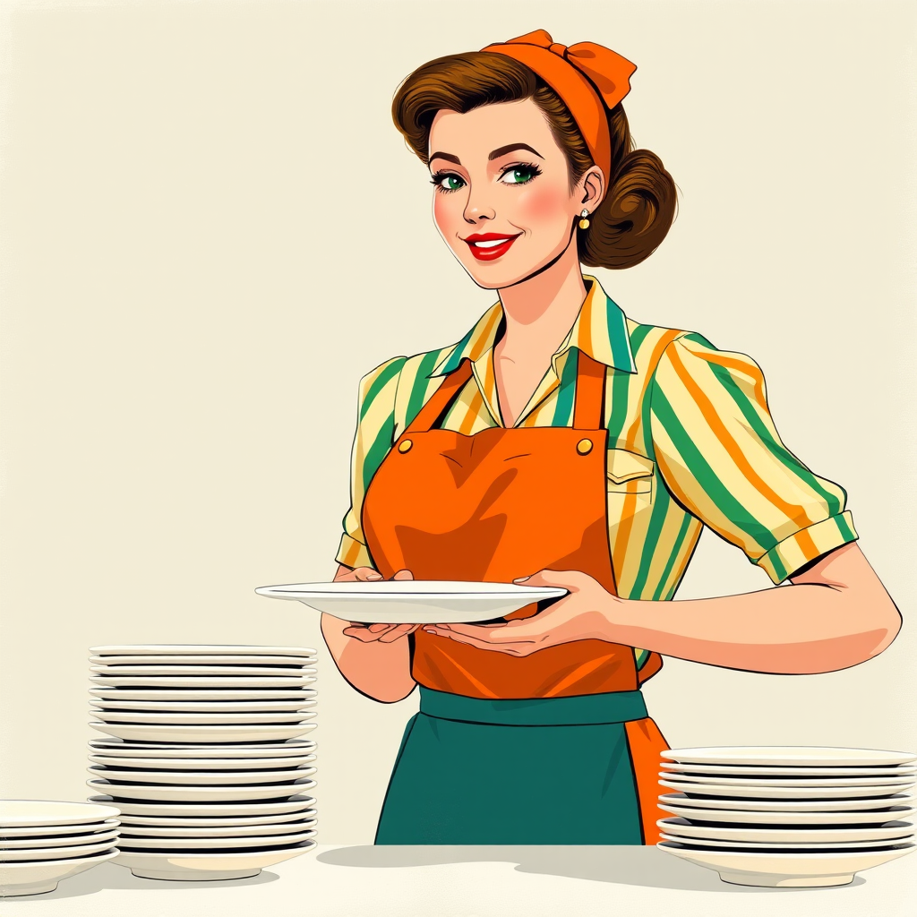 create a vintage style illustration of a woman in a brightly colored striped blouse and orange apron holding a plate, with a stack of clean plates beside her, high-resolution, soft focus, using a DSLR camera with a 50mm lens, f/1.8 aperture, natural light, vibrant colors, and a shallow depth of field
