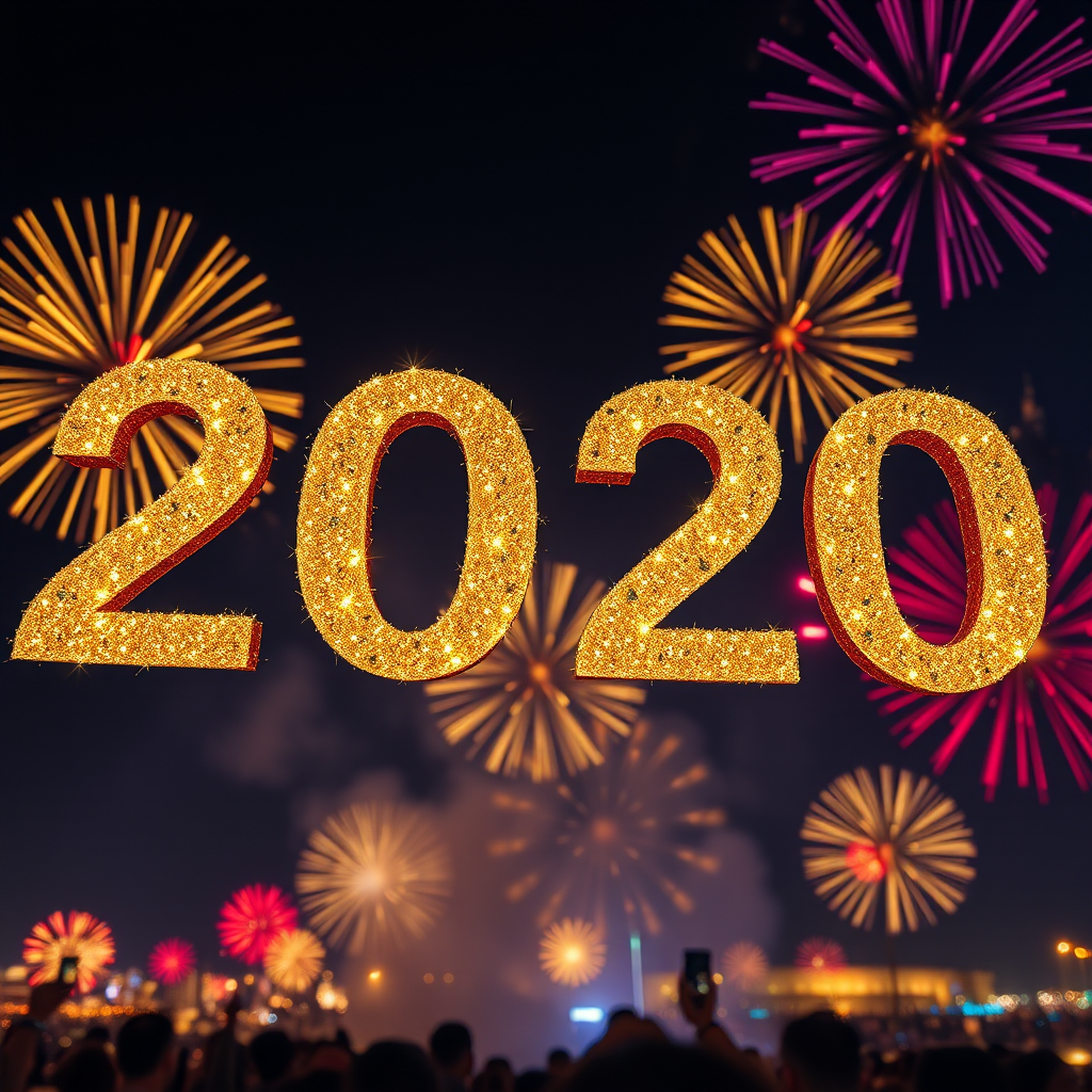 Create an image featuring the number "2020" in a stunning golden glitter style, surrounded by vibrant fireworks in a night sky, captured with a DSLR camera at ISO 100, f/8 aperture, 1/60 sec shutter speed, and wide-angle view.