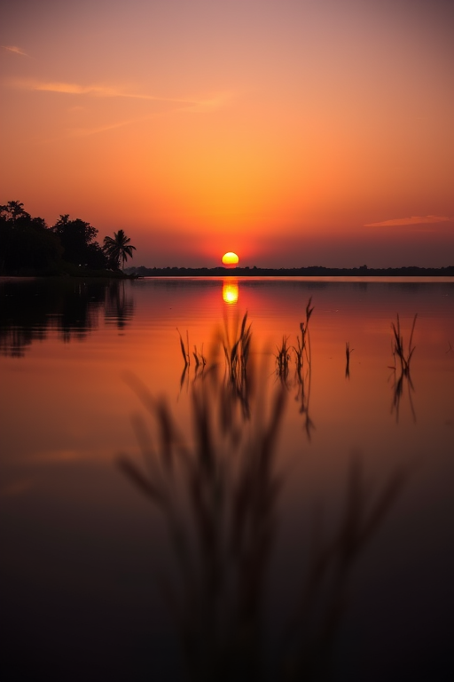 Generate a high-quality image of a serene sunset over a calm lake with vibrant orange and purple hues, using a DSLR camera with a 50mm lens at f/1.8, ISO 100, shutter speed 1/250s, taken from a low angle perspective to enhance reflection details and depth.
