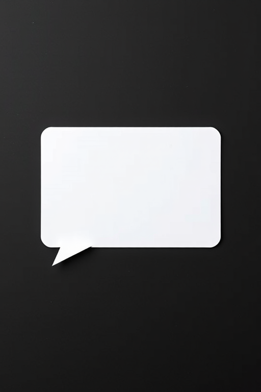 generate a clean, minimalist white speech bubble on a black background, using a DSLR camera with a 50mm lens, aperture set to f/2.8, ISO 100, shutter speed 1/200 sec, shot from a straight-on view to enhance contrast and detail.
