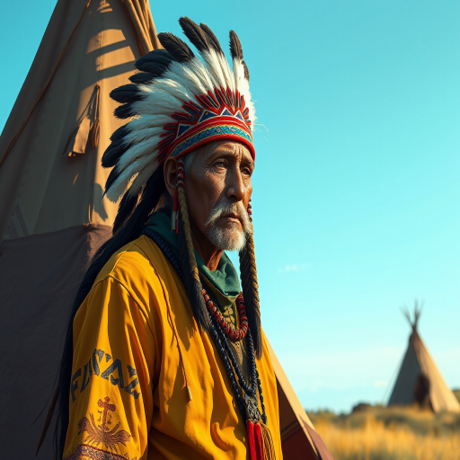 Create a high-quality digital illustration of a native American man standing beside a traditional teepee, shot with a Canon EOS R5 at f/2.8, ISO 100, and a 35mm lens in vibrant colors and detailed textures.