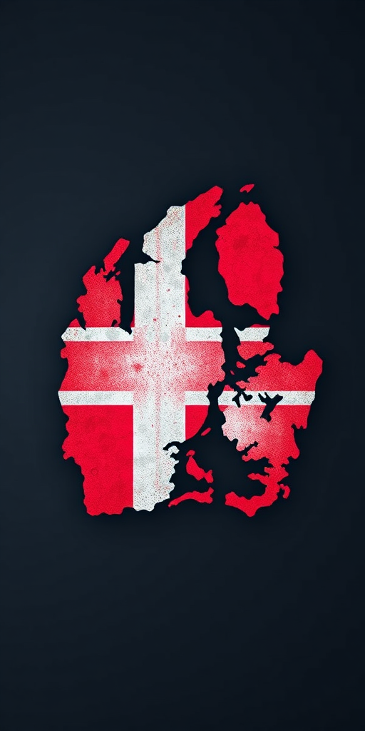 Create a high-resolution image of the map of Denmark filled with the Danish flag design, using a DSLR camera set to f/8 aperture, ISO 200, and a shutter speed of 1/200 sec, captured from a top-down view with a wide-angle lens for an expansive perspective.
