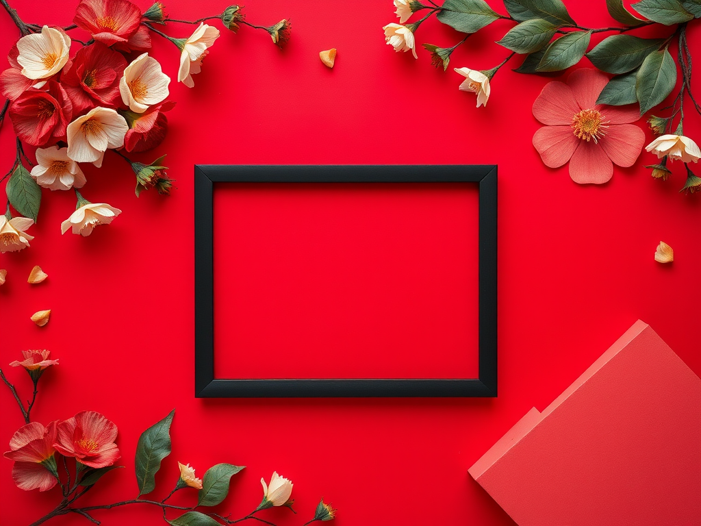 Create an artistic composition featuring a vibrant red background with floral decorations, an empty black rectangular frame in the center, and stylized geometric shapes, shot with a DSLR camera at f/2.8 aperture, ISO 100, using a macro lens to enhance detail and color saturation, in a portrait orientation.