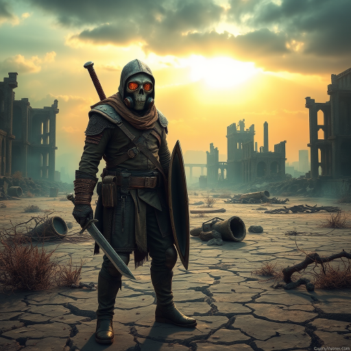 A post-apocalyptic wasteland with a lone figure, The Last Warden, standing in the foreground. He wears a skull-like gas mask, with cracked lenses, and a rugged mix of leather and scavenged armor. His attire is weathered and patched, showing signs of long battles and harsh environments. In one hand, he holds a sword made from broken steel, and in the other, a shield made from scrap metal. The background features a desolate landscape with crumbling ruins of a once-thriving city, shrouded in toxic green and orange haze. The ground is cracked, with dead vegetation and twisted remnants of civilization. The sky is ominous, with dark clouds and faint rays of sunlight breaking through, symbolizing a glimmer of hope in the midst of despair. Increase the brightness of the background, making the sunlight more prominent and casting more light on the ruins and the figure to enhance the sense of hope in the scene.