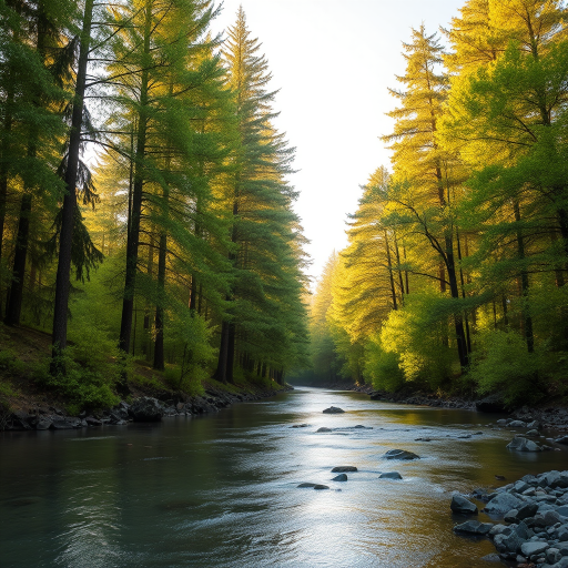 Create an image of a serene, sunlit forest scene with a clear, gently flowing river. Tall trees with lush green foliage line both sides of the river, their leaves bathed in the warm golden light of the setting or rising sun. The sunlight filters through the trees, casting soft, dappled light on the river, which flows over smooth rocks and pebbles, creating a peaceful, natural atmosphere. The sky is bright with a few scattered clouds, and the overall mood is tranquil, evoking a deep sense of connection with nature. The image captures the beauty of a calm, pristine forest landscape at either dawn or dusk.