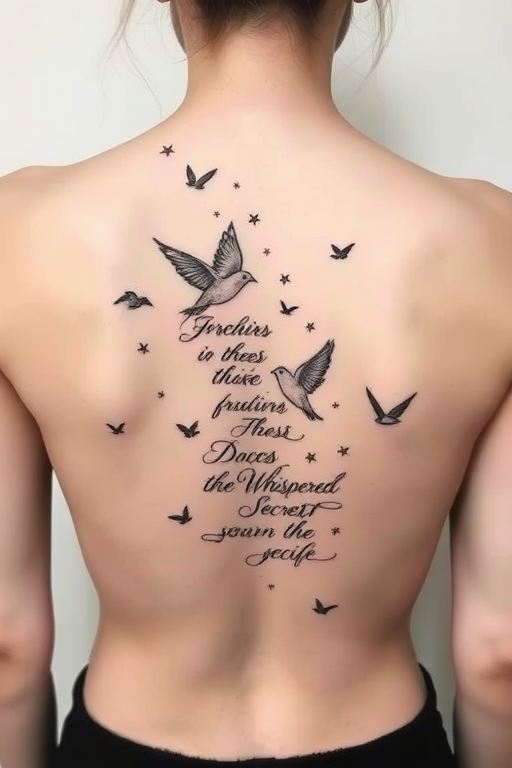Minimalist black line art tattoo called "Whispered Secrets" depicting delicate silhouettes of birds in flight intertwined with flowing script words, creating an ethereal and poetic design for the back
