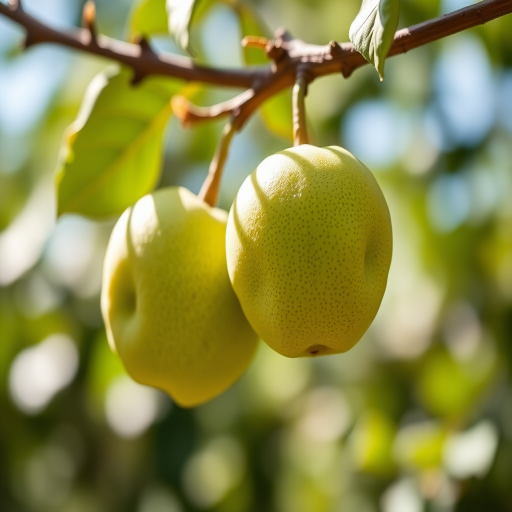 Photograph two green cherimoya fruits hanging on a branch, macro view with a shallow depth of field, f/2.8 aperture, ISO 100, 50mm lens, natural sunlight, slight bokeh background for enhanced focus on the fruits.