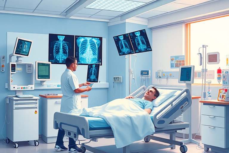 Create a vibrant illustration of a modern hospital scene with two healthcare professionals examining X-ray images, a patient in a hospital bed with an IV drip, and medical equipment around, captured with a Canon EOS R5, 24mm lens, f/2.8 aperture, ISO 100, natural lighting, and a slightly elevated angle for depth.
