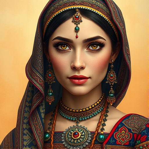 Create a portrait of a beautiful Sephardic woman with striking red eyes and a gentle expression. She is adorned in traditional attire with intricate patterns, including a richly embroidered headscarf and matching garments. Her jewelry includes a delicate headpiece, dangling earrings, and ornate bracelets, all featuring vibrant gemstones and detailed metalwork. The background is soft and warm, enhancing the rich colors of her outfit and jewelry.