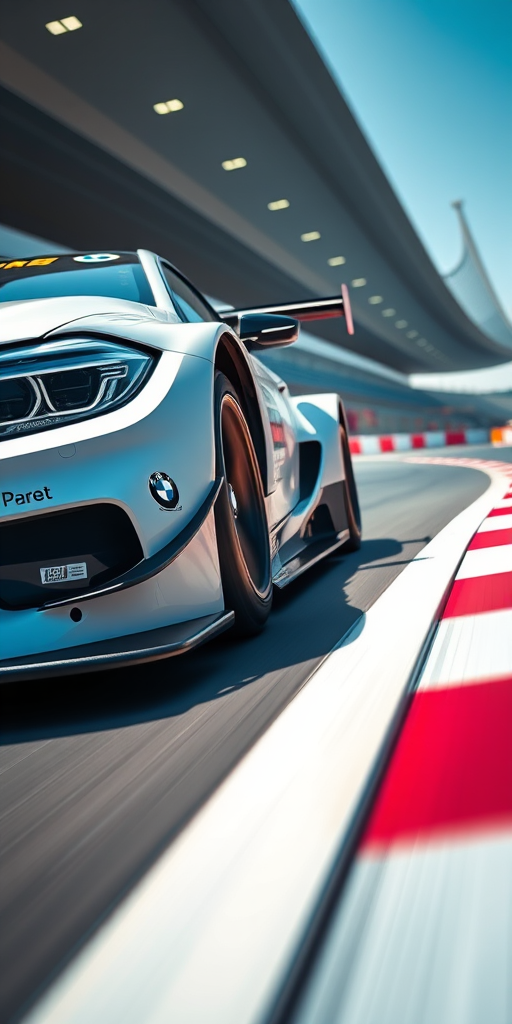 Regenerate the image of a BMW racing car on a track with a high dynamic range, using a Canon EOS R5, 24-70mm f/2.8 lens, f/4 aperture, ISO 100, 1/500s shutter speed, shot from a low angle perspective to highlight motion blur and tire details, in bright daylight conditions for vibrant colors.