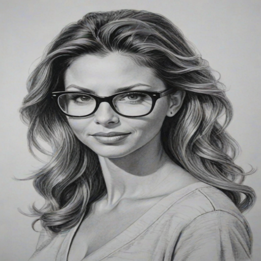 Charming Charisma Carpenter, pencil sketch, portrait of Fascinating woman 1951s in glasses, hair style beatnik, outline, clear lines, fine lines, 8k
