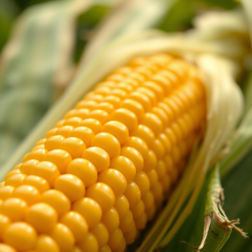 highly detailed close-up of a fresh corn cob with husks, natural lighting, 85mm lens, f/2.8 aperture, ISO 100, shallow depth of field, macro photography style, high-resolution digital camera