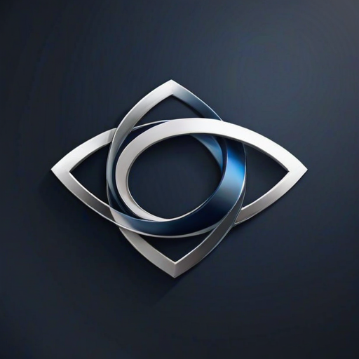 create a sleek and modern logo featuring two intertwined metallic silver curved shapes on a dark blue background with a subtle reflection effect