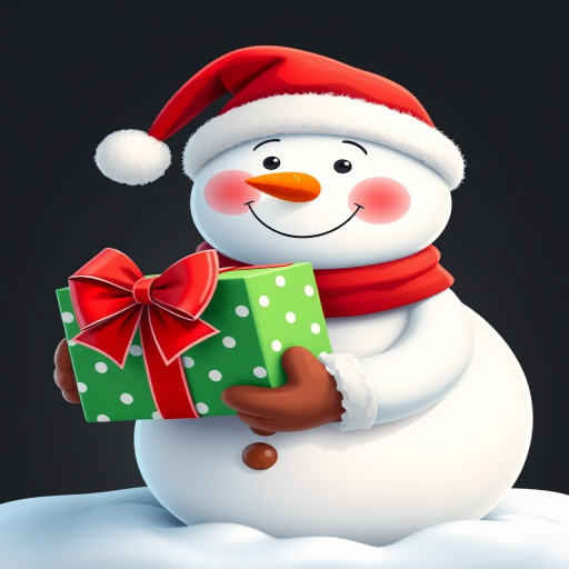 Create a vibrant cartoon-style image of a cheerful snowman holding a beautifully wrapped present with a bright red bow, set against a solid black background, using a DSLR camera with a 50mm lens at f/4 aperture and ISO 100, capturing a frontal view with soft lighting to enhance colors and details.