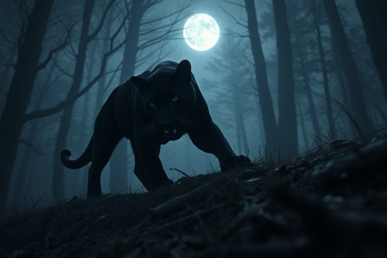 regenerate a majestic black panther prowling through a misty forest with moonlight filtering through the trees, ISO 800, f/2.8, 1/60s, 50mm lens, low angle shot, DSLR camera, high dynamic range processing for enhanced detail and depth