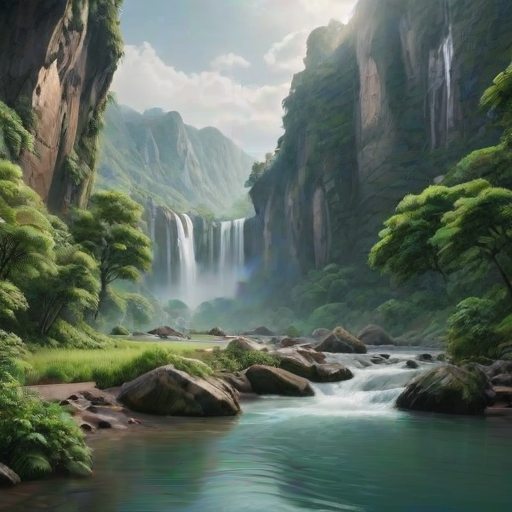 generate a serene landscape with a river flowing through lush greenery, surrounded by towering cliffs and waterfalls, under a misty sky