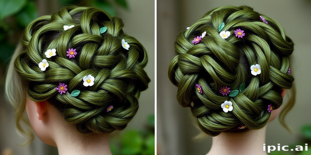 Enchanted Forest Updo showcasing a complex arrangement of braids and twists in various shades of green, adorned with small flowers and leaf-shaped pins