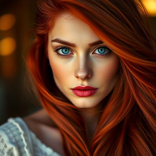 Create a portrait of a woman with long, flowing red hair and striking blue eyes, in soft focus with a dreamy bokeh background, shot with a Canon EOS 5D Mark IV, 85mm f/1.4 lens, aperture set to f/2.8, ISO 100, and a shallow depth of field, capturing vibrant colors and smooth skin texture.