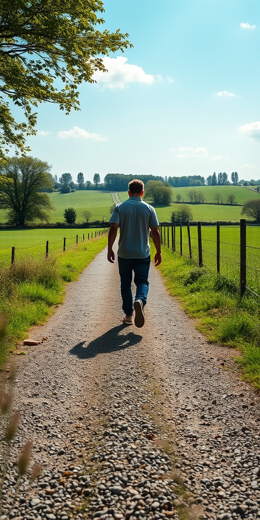 create an image of a person walking along a gravel path surrounded by green fields and trees in the background, captured with a wide-angle lens, aperture f/8, ISO 100, shutter speed 1/200s, taken from a low angle with a DSLR camera, natural lighting