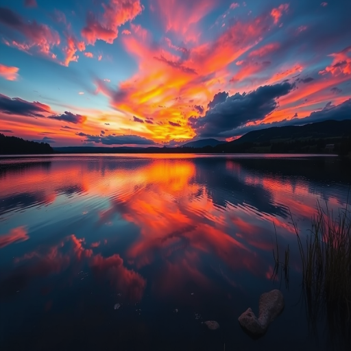 Create a vibrant sunset over a serene lake, with reflections on the water, using a DSLR camera at f/8 aperture, ISO 100, 1/250 shutter speed, wide-angle lens, and shot from a low angle to capture foreground interest.