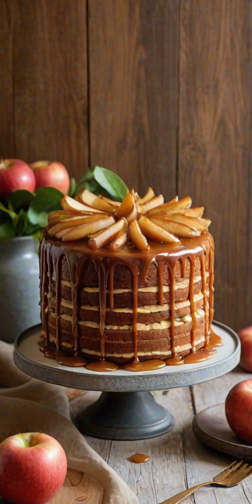 Create an image of a layered cake topped with caramel drizzles and pieces of caramelized apples. The cake should have a golden brown color with visible layers of cream in between. Place the cake on a wooden cake stand, surrounded by fresh apples and a rustic background. Ensure the overall look is inviting and delicious.