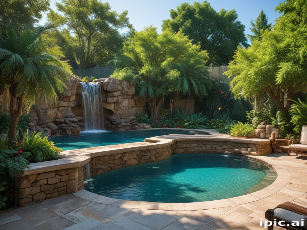 Serene Backyard Oasis Featuring a Tranquil Pool and Cascading Waterfall.